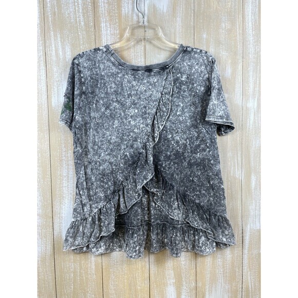 Aratta Silent Journey Women's Top L Gray Acid Wash Open Back Short Sleeve Ruffle - Picture 2 of 8